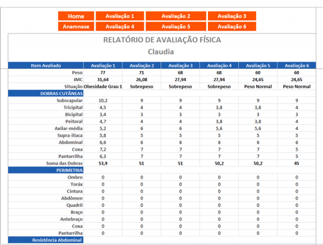 Planilha de Avaliação Física Loja Excel Easy