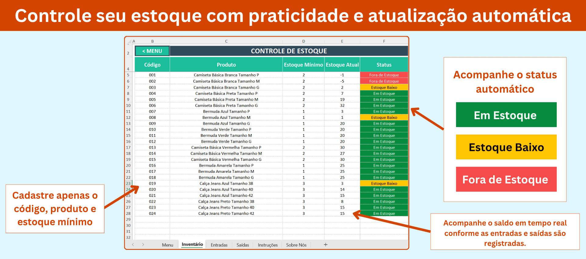 Controle de Estoque completo e simplificado no Excel. Planilha de Controle de Estoque ideal para pequenas e médias empresas