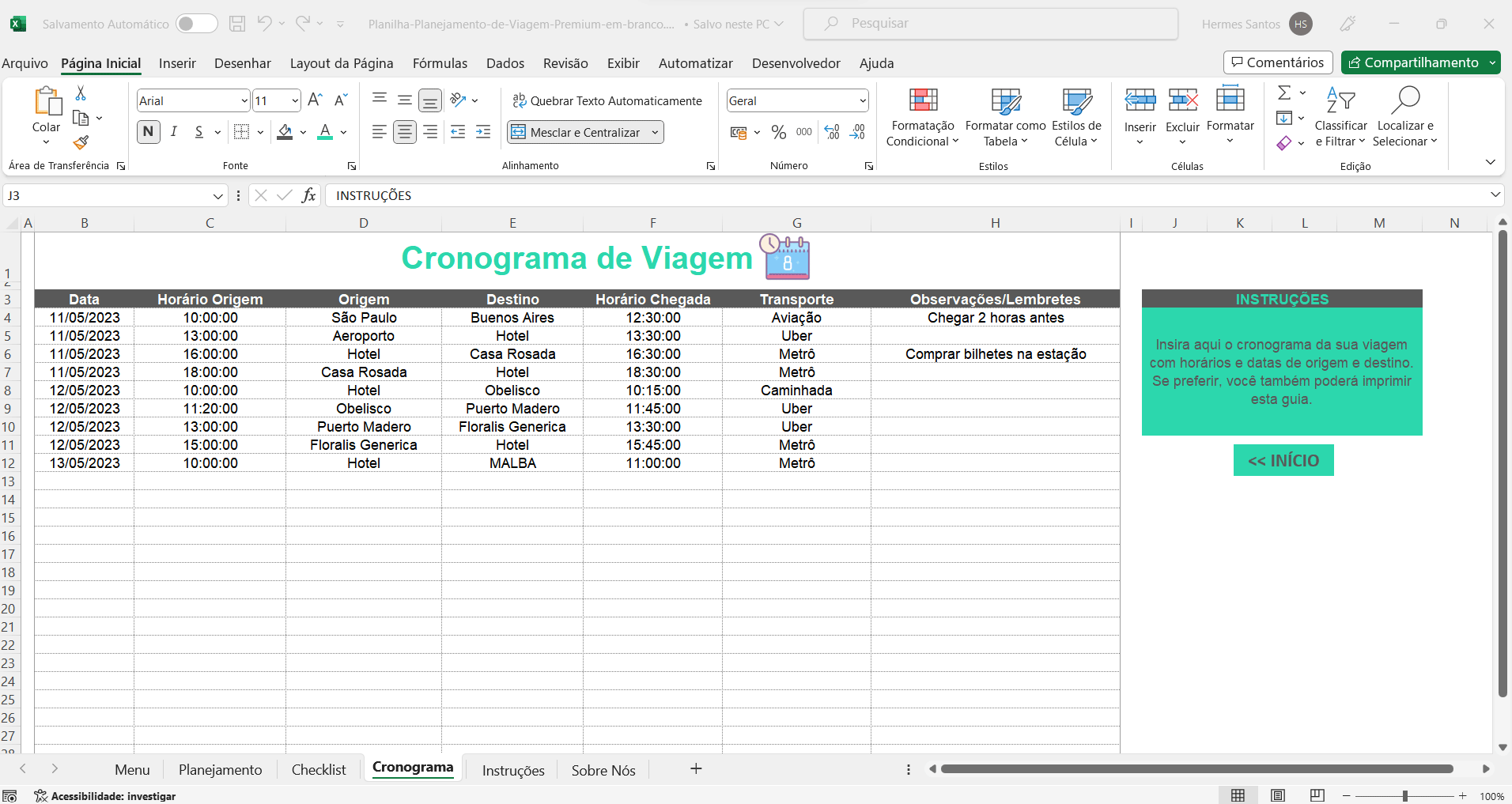 Planilha para Planejamento de Viagem - Foco na Produtividade