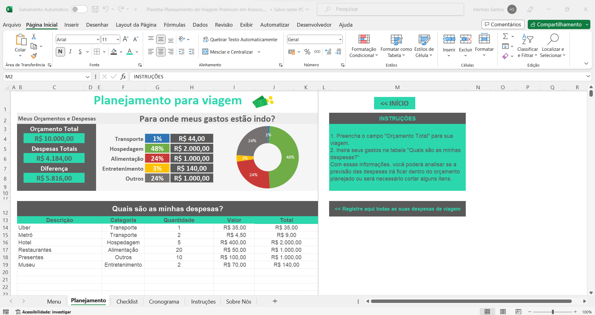 planilha de viagens no Excel