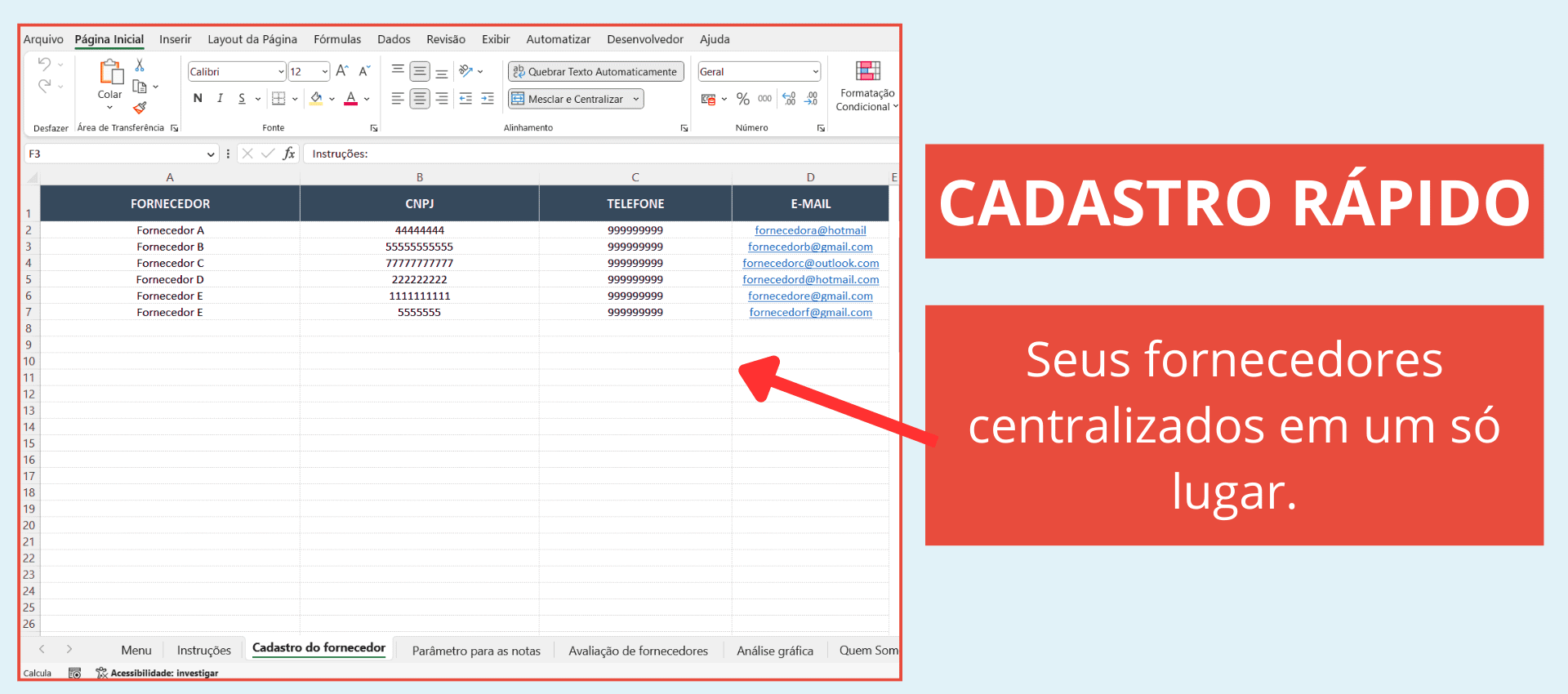 Tela de cadastro de fornecedores na planilha em Excel.