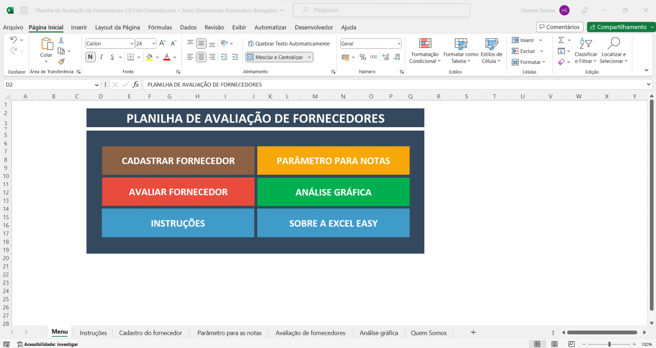 Planilha De Avaliação De Fornecedores Loja Excel Easy 3073