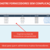 Tela de cadastro de fornecedores com campos para CNPJ, telefone e e-mail.