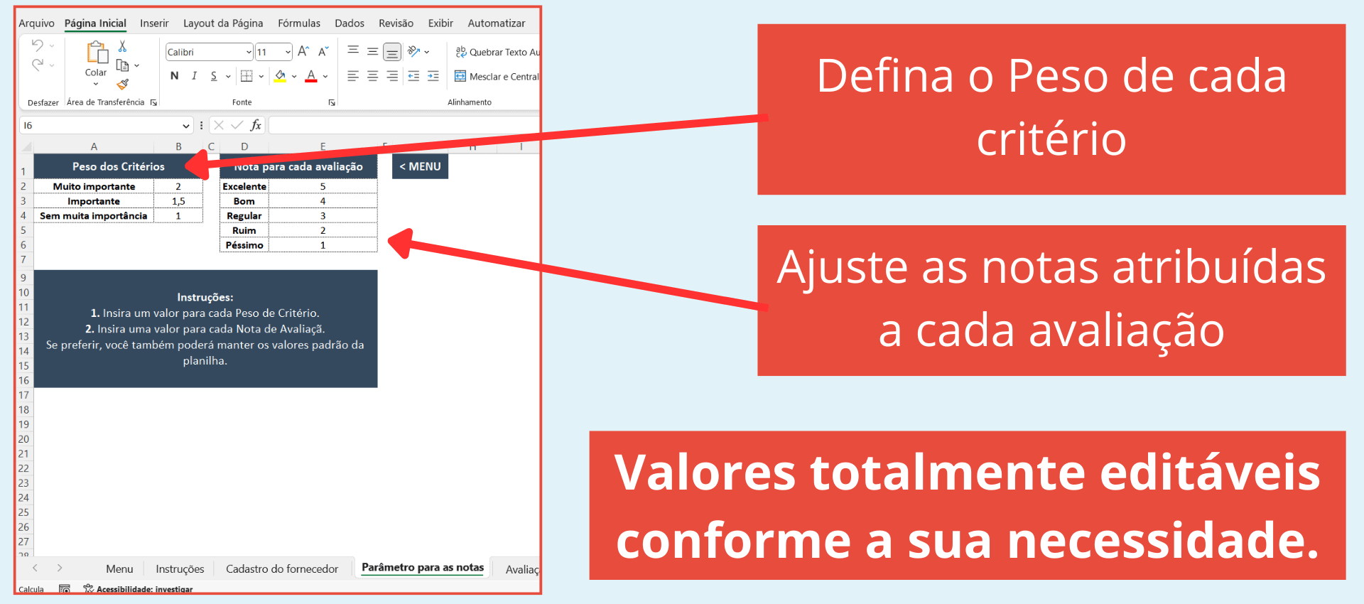 Configuração de peso e nota para critérios da planilha de avaliação de fornecedores.