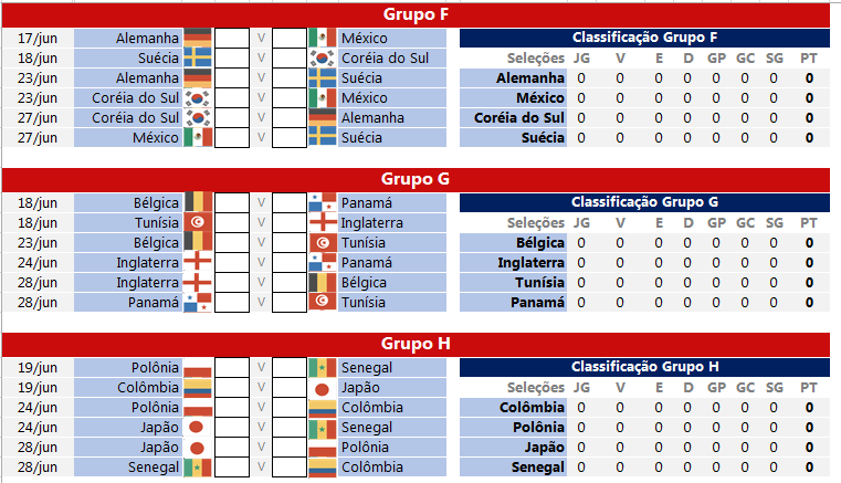 Tabela Copa do Mundo 2018 no Excel