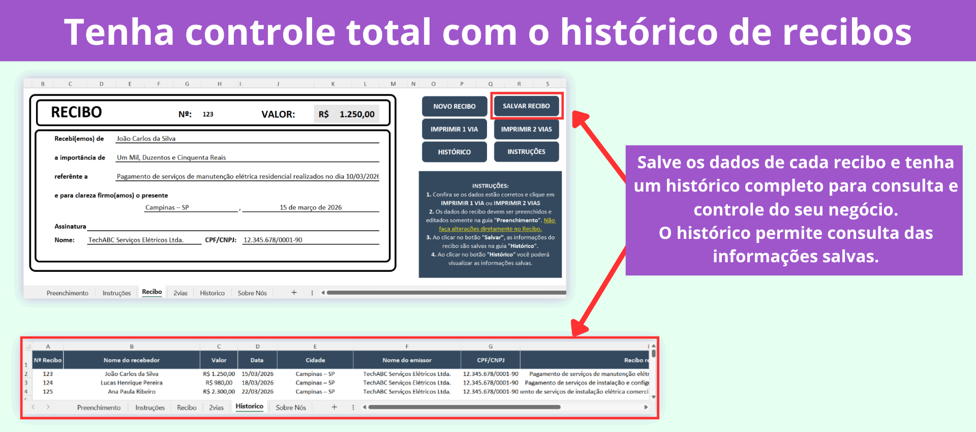 Histórico de recibos registrados na planilha para emissão de recibos