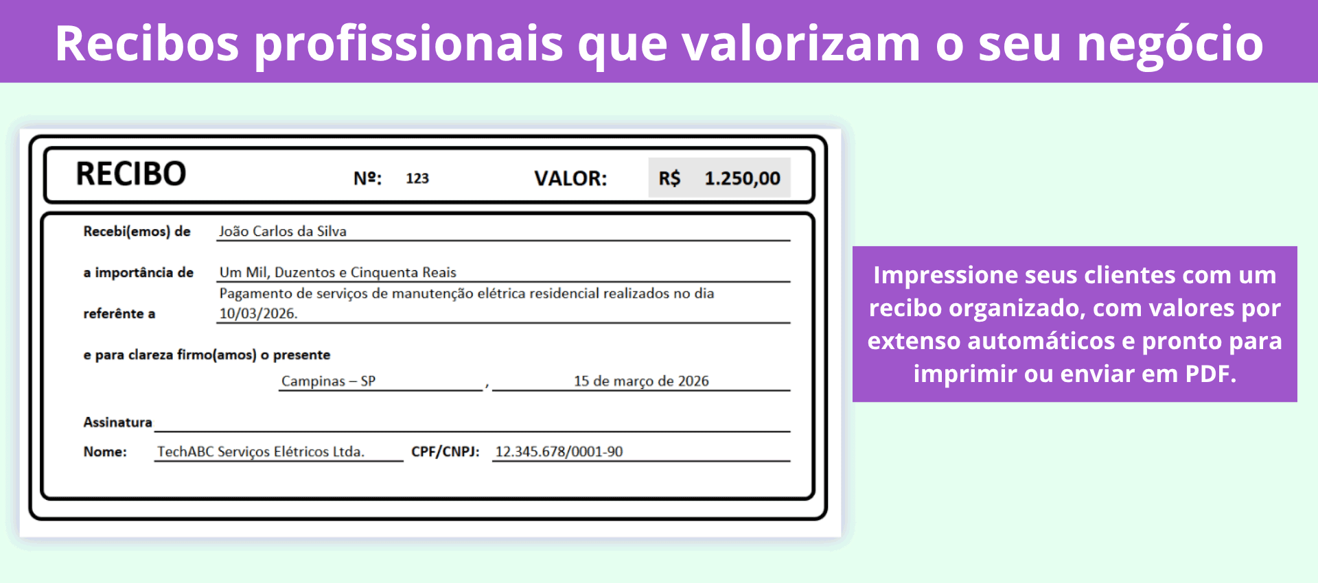 Recibo gerado pela planilha com layout organizado e profissional