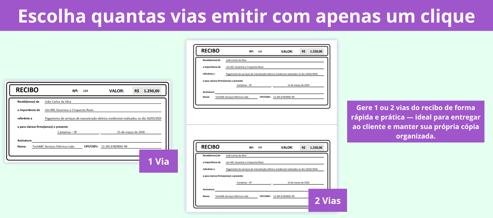 Opção de imprimir recibos em 1 ou 2 vias na planilha de recibos