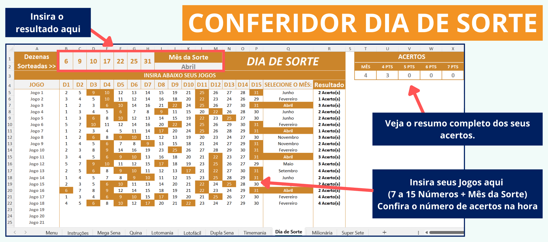 Layout do Conferidor Dia de Sorte com destaque para a verificação do Mês da Sorte.