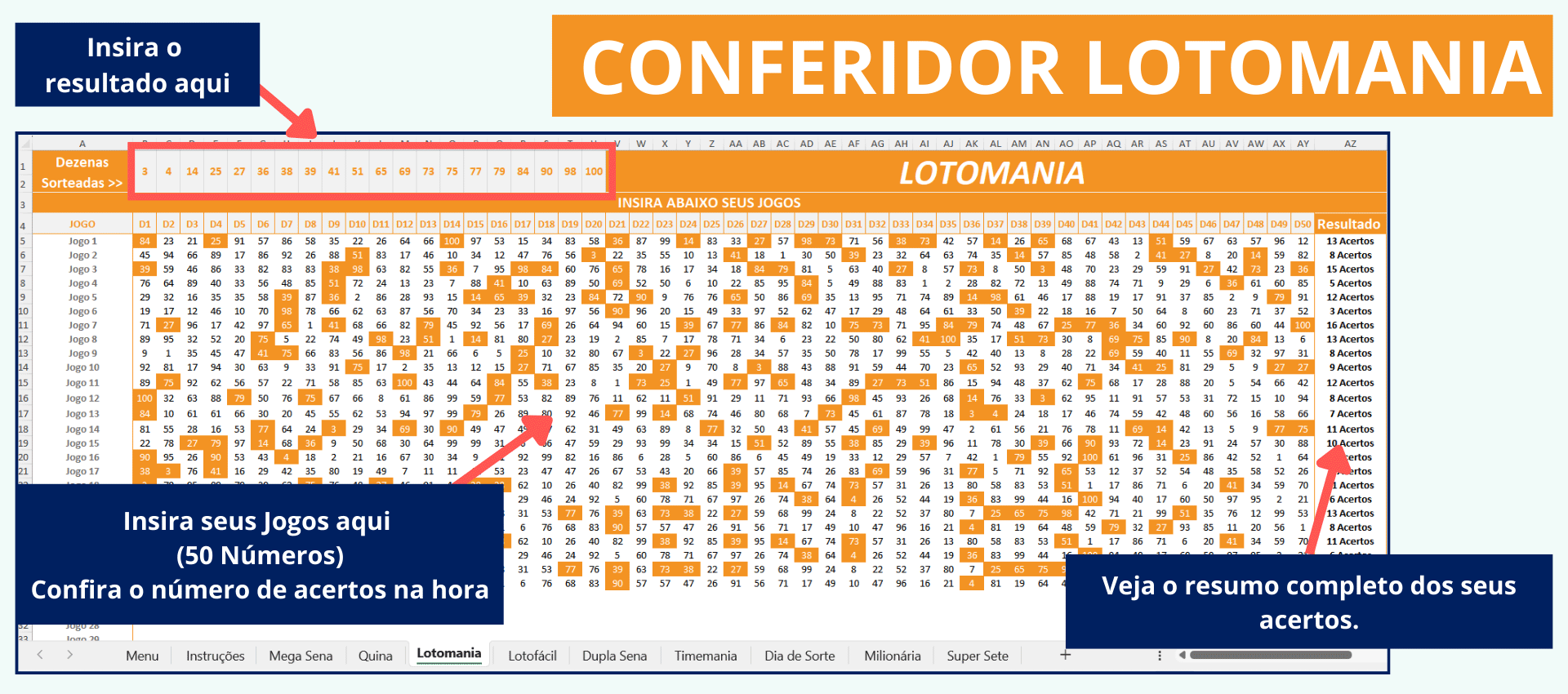 Exemplo de uso do Conferidor Lotomania validando acertos de 0 a 20.