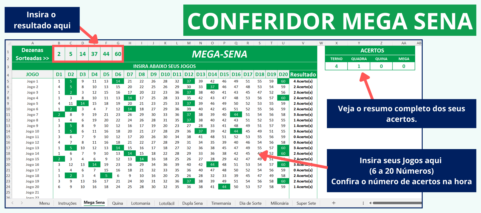 Interface da planilha de conferência para apostas da Mega Sena, destacando os acertos.