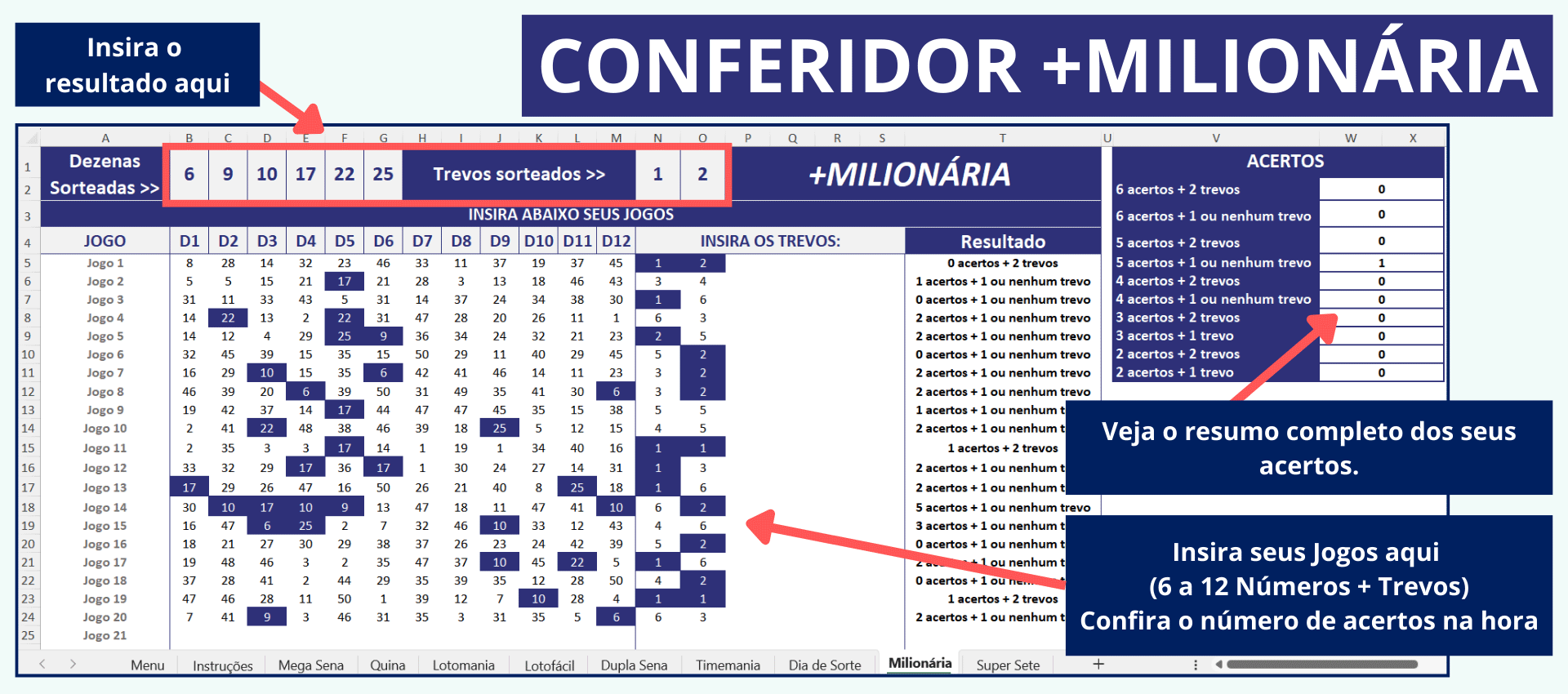 Imagem da planilha Conferidor +Milionária validando acertos de números e trevos.