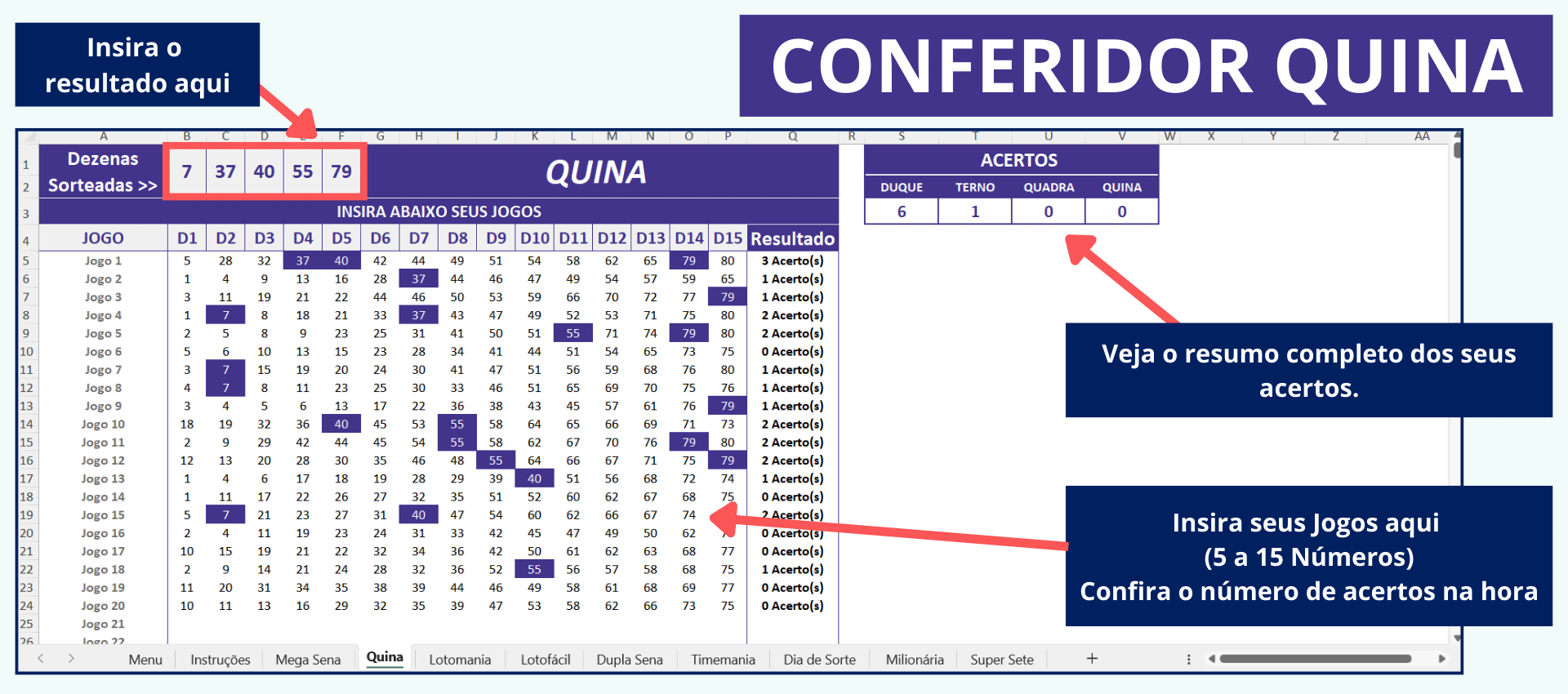 Layout da ferramenta de conferência para a Quina no Excel.