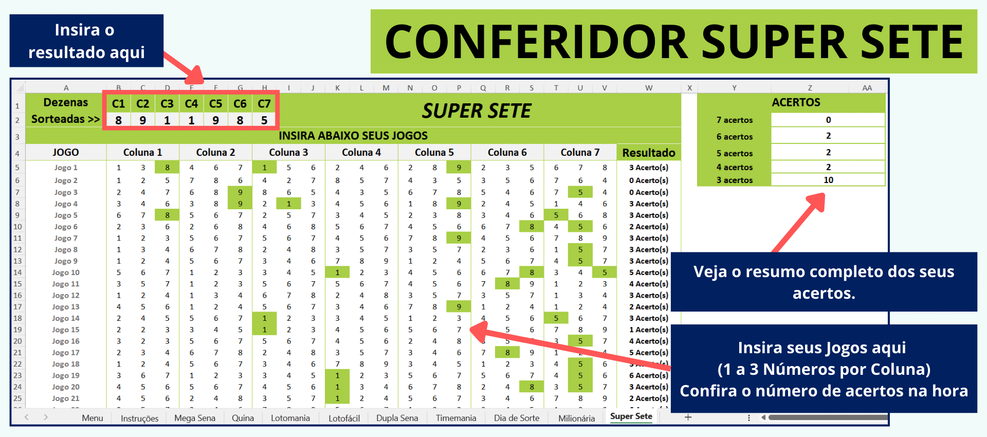 Detalhe da planilha Conferidor Super Sete com a estrutura de colunas para conferência.