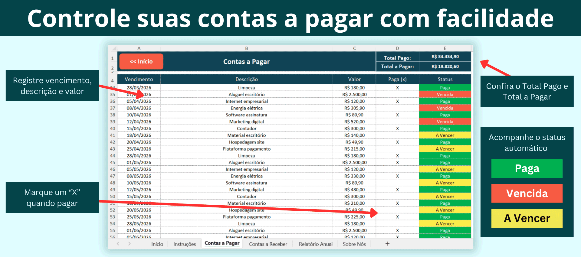 Planilha de contas a pagar com registro de despesas, status automático e totais