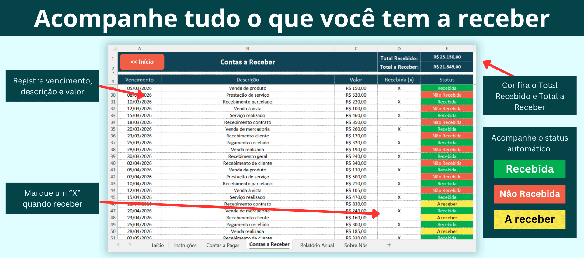 Planilha de contas a receber com controle de recebimentos e status automático