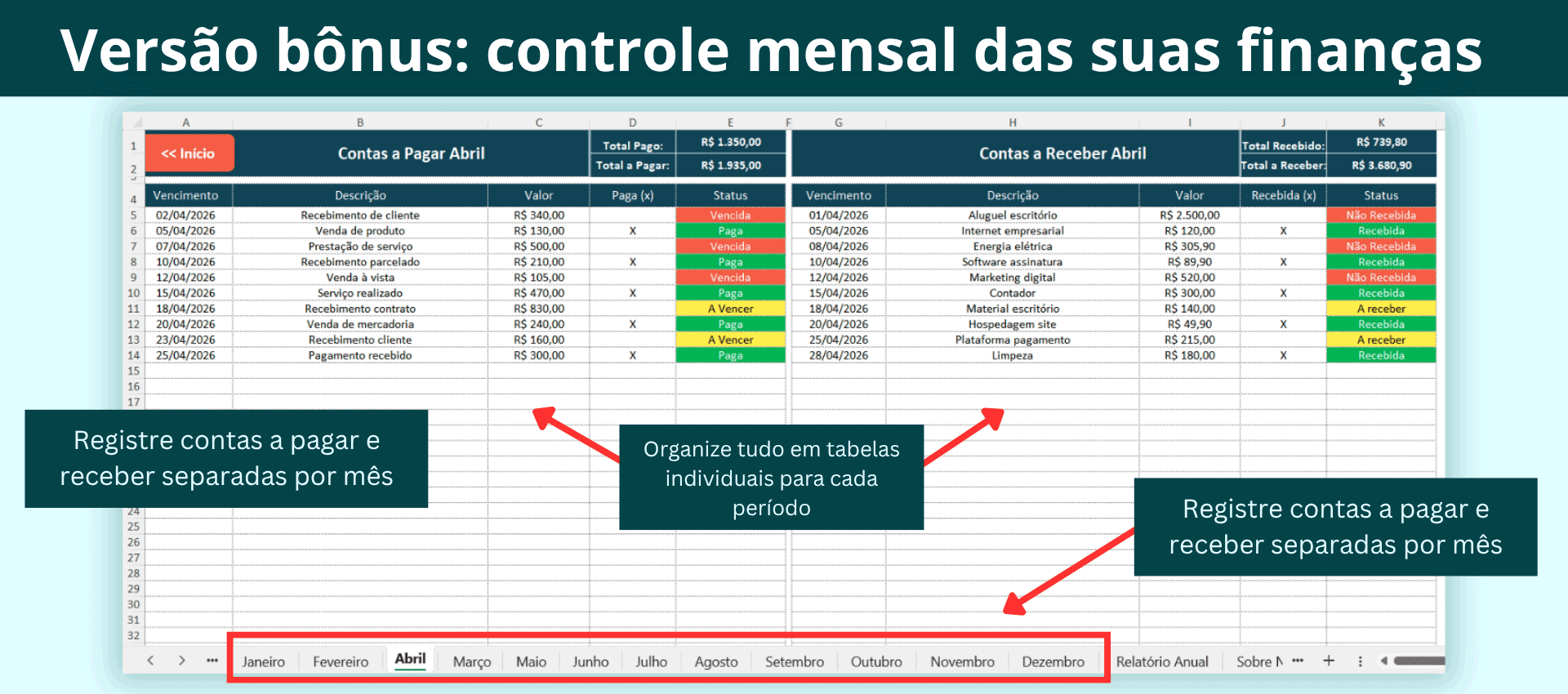 Controle mensal de contas a pagar e receber