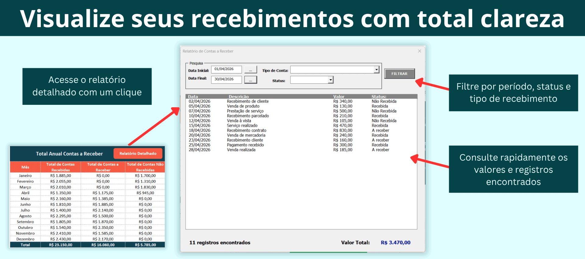 Filtro de recebimentos com busca por período, status e tipo