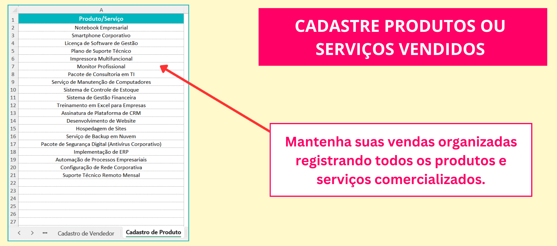 Cadastro de produtos e serviços na planilha de comissão de vendas no Excel