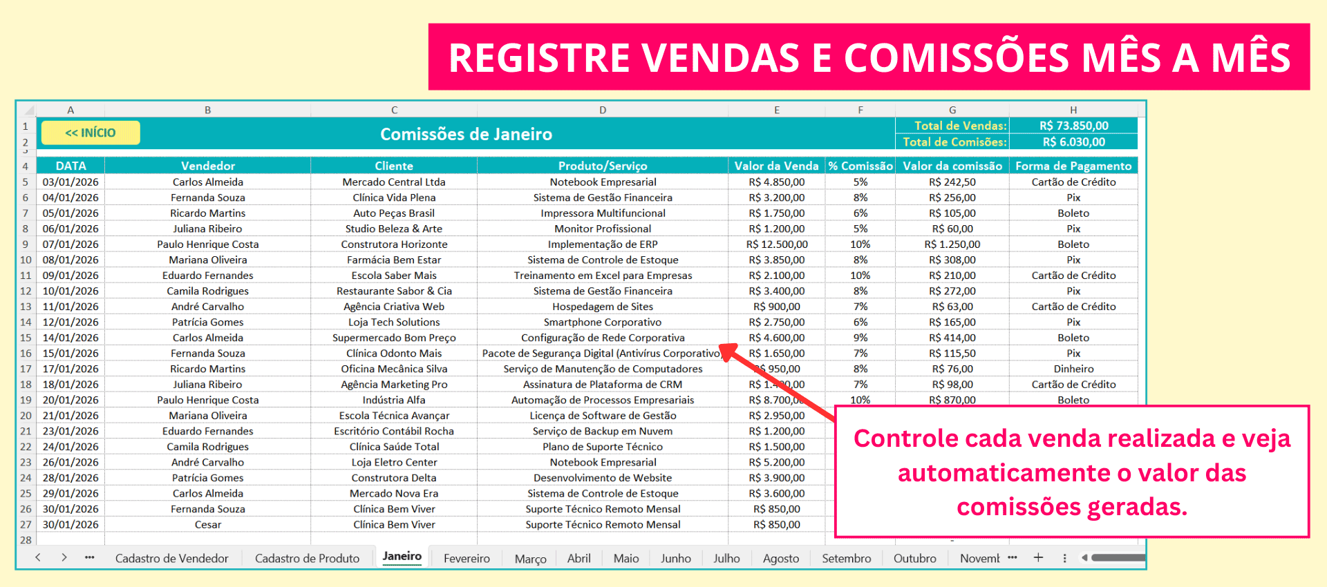 Registro mensal de vendas e cálculo automático de comissão na planilha
