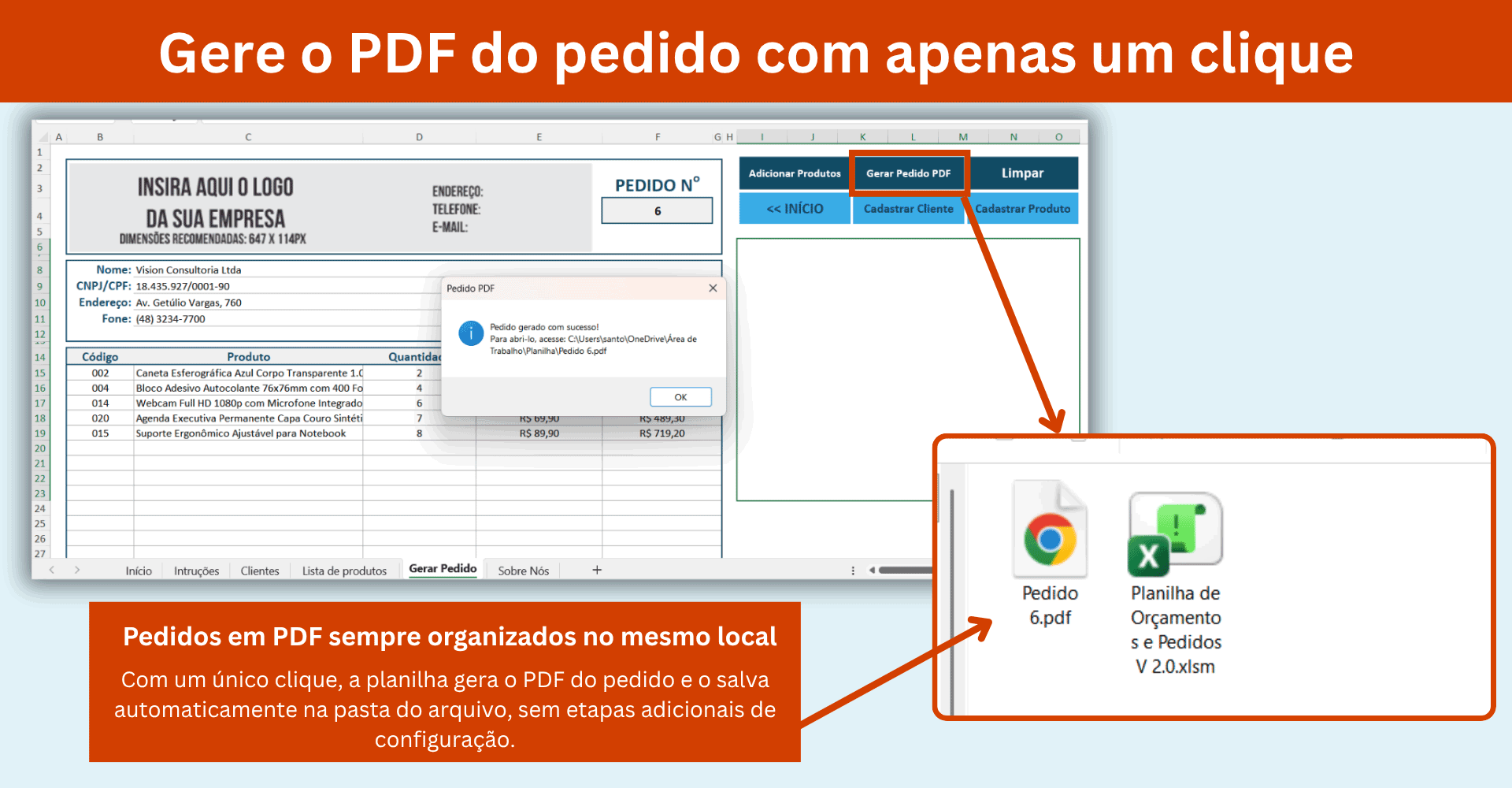 Gerar pedido em PDF com um clique Geração automática de pedido em PDF no Excel