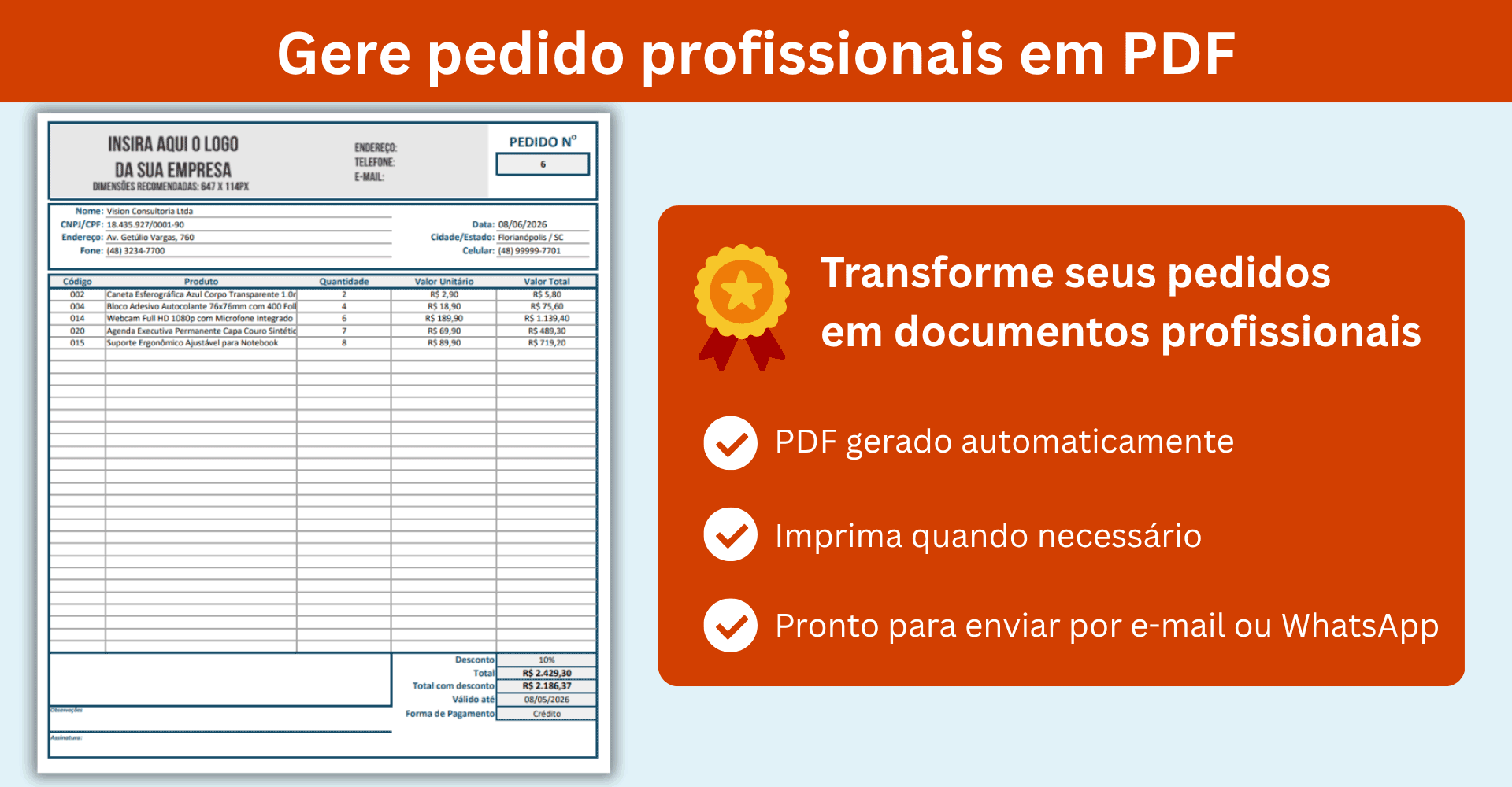 Pedido profissional em PDF para compartilhar com clientes Modelo de pedido em PDF pronto para envio ao cliente