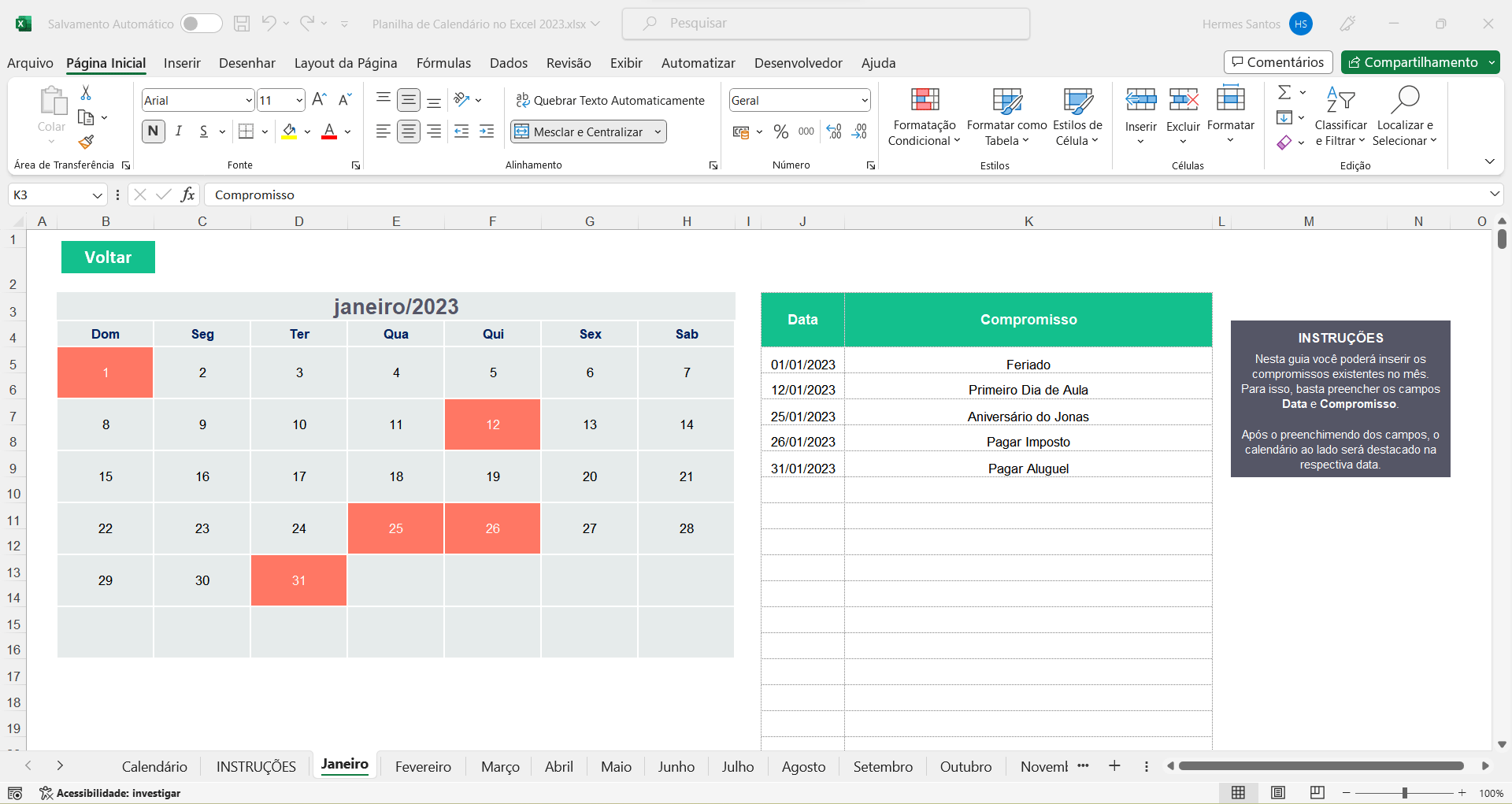 Modelo de Calendário mensal
