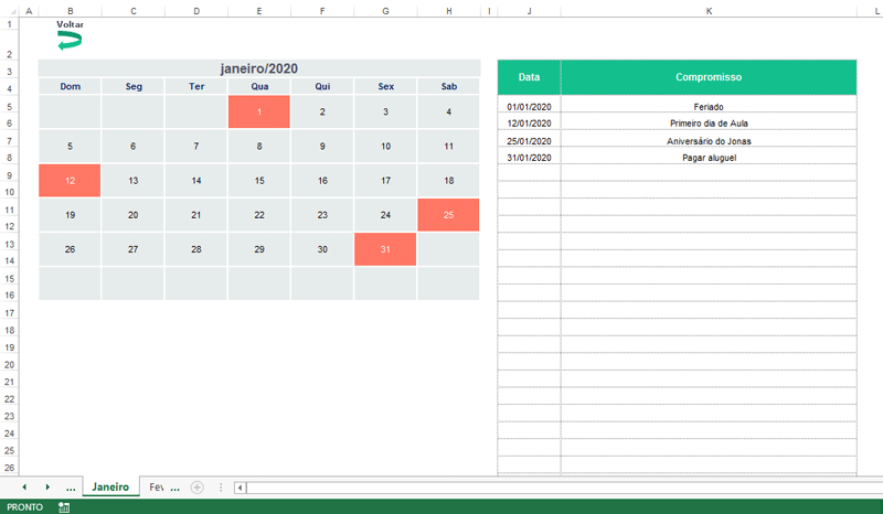 planilha de calendário Excel