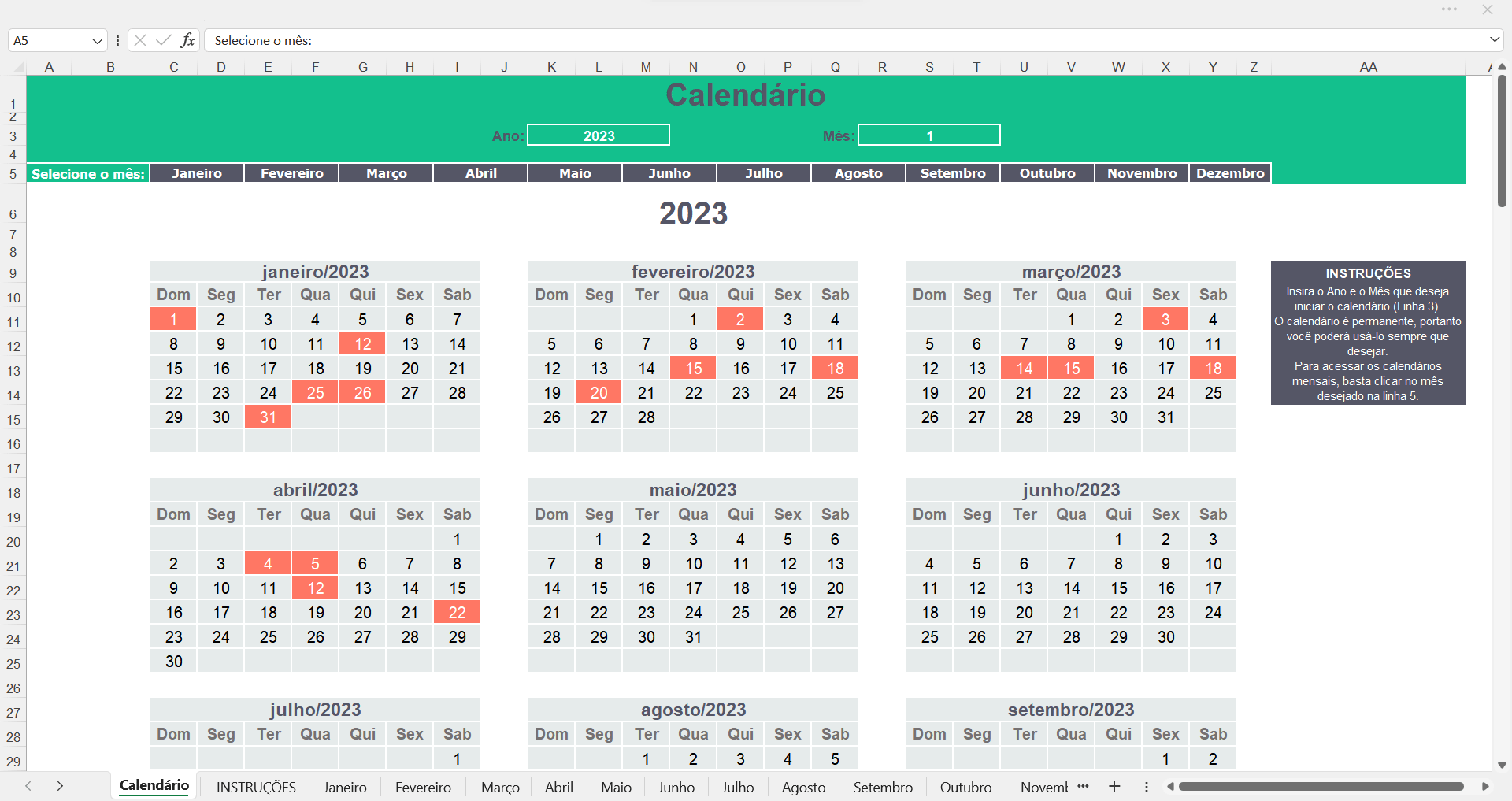 Modelo de Calendário no Excel