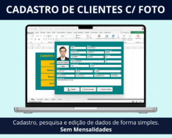 Captura de tela da Planilha de Cadastro de Clientes com Foto em Excel, mostrando o menu inicial e a forma simples de cadastrar, pesquisar e editar dados.