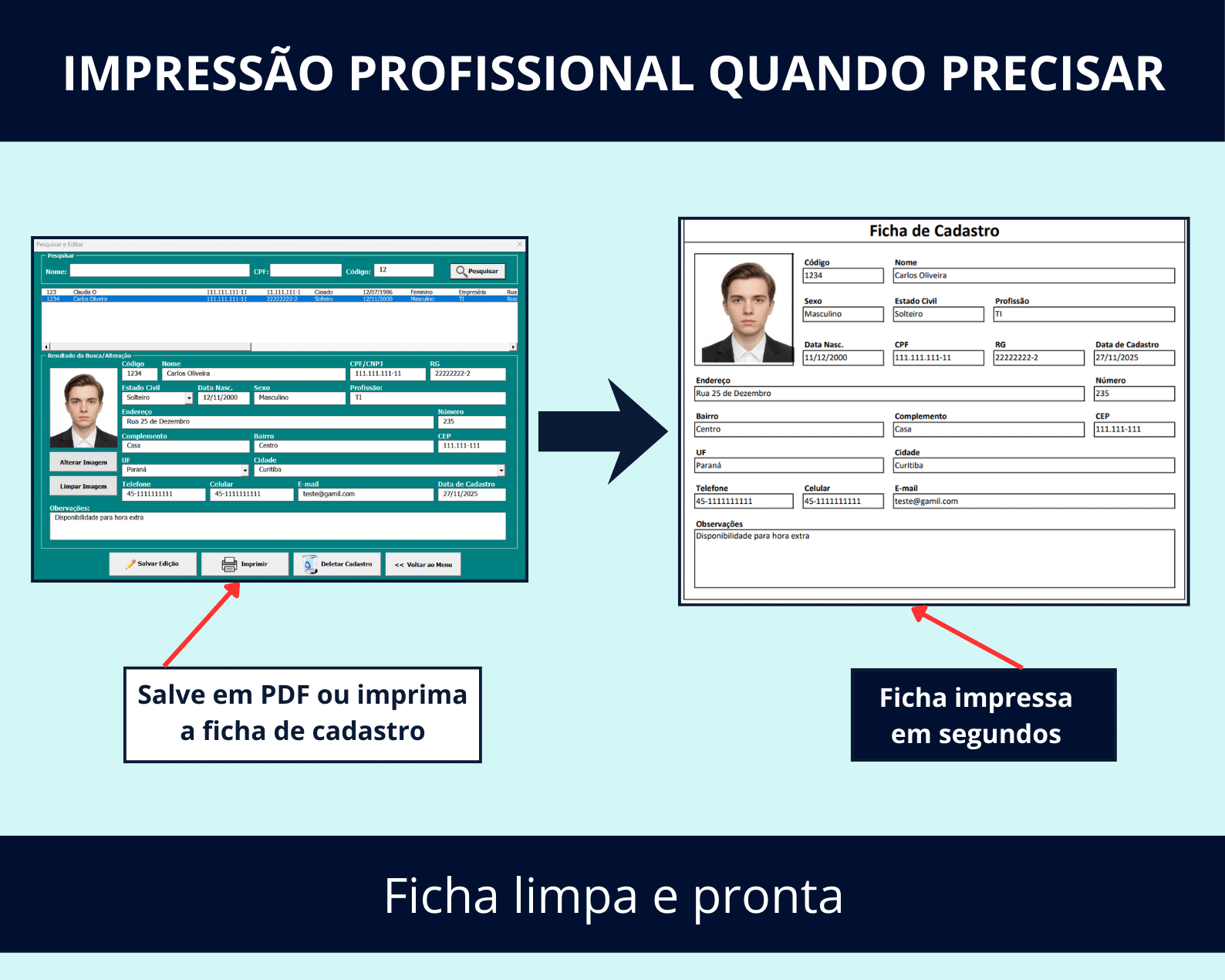 Imagem mostrando o resultado da Planilha de Cadastro de Clientes: uma ficha de cadastro limpa e profissional pronta para impressão ou salvamento em PDF.