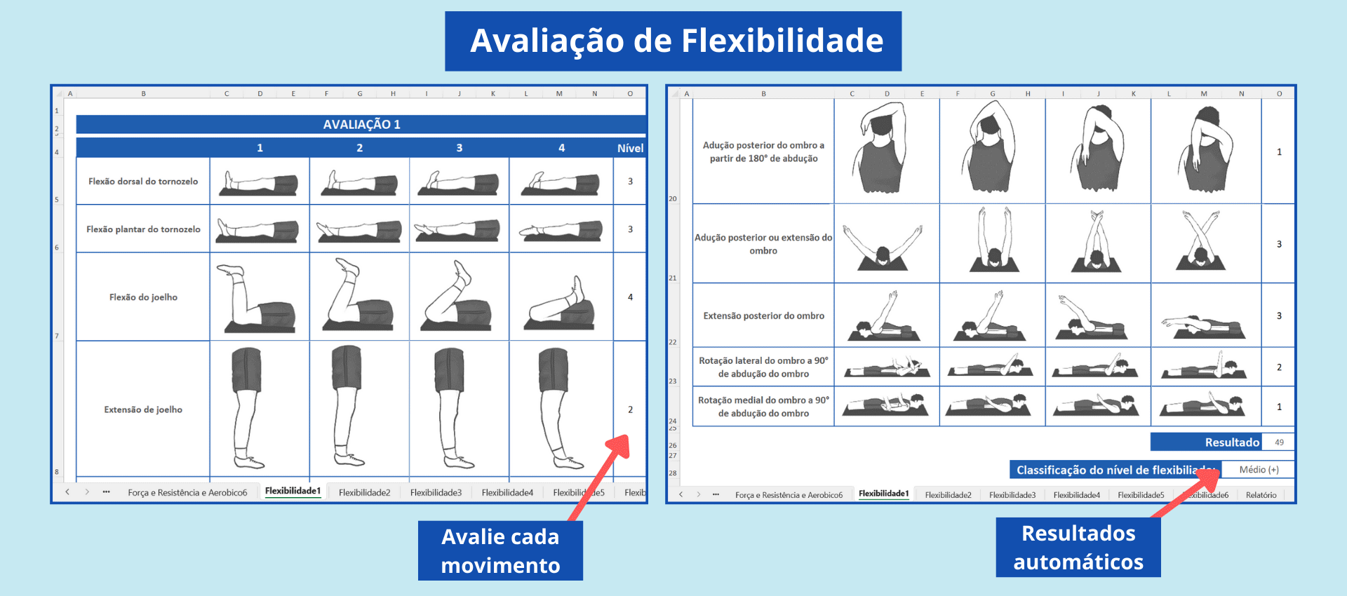 Planilha de Avaliação de Flexibilidade Planilha de Avaliação Física mostrando o registro e classificação de flexibilidade.