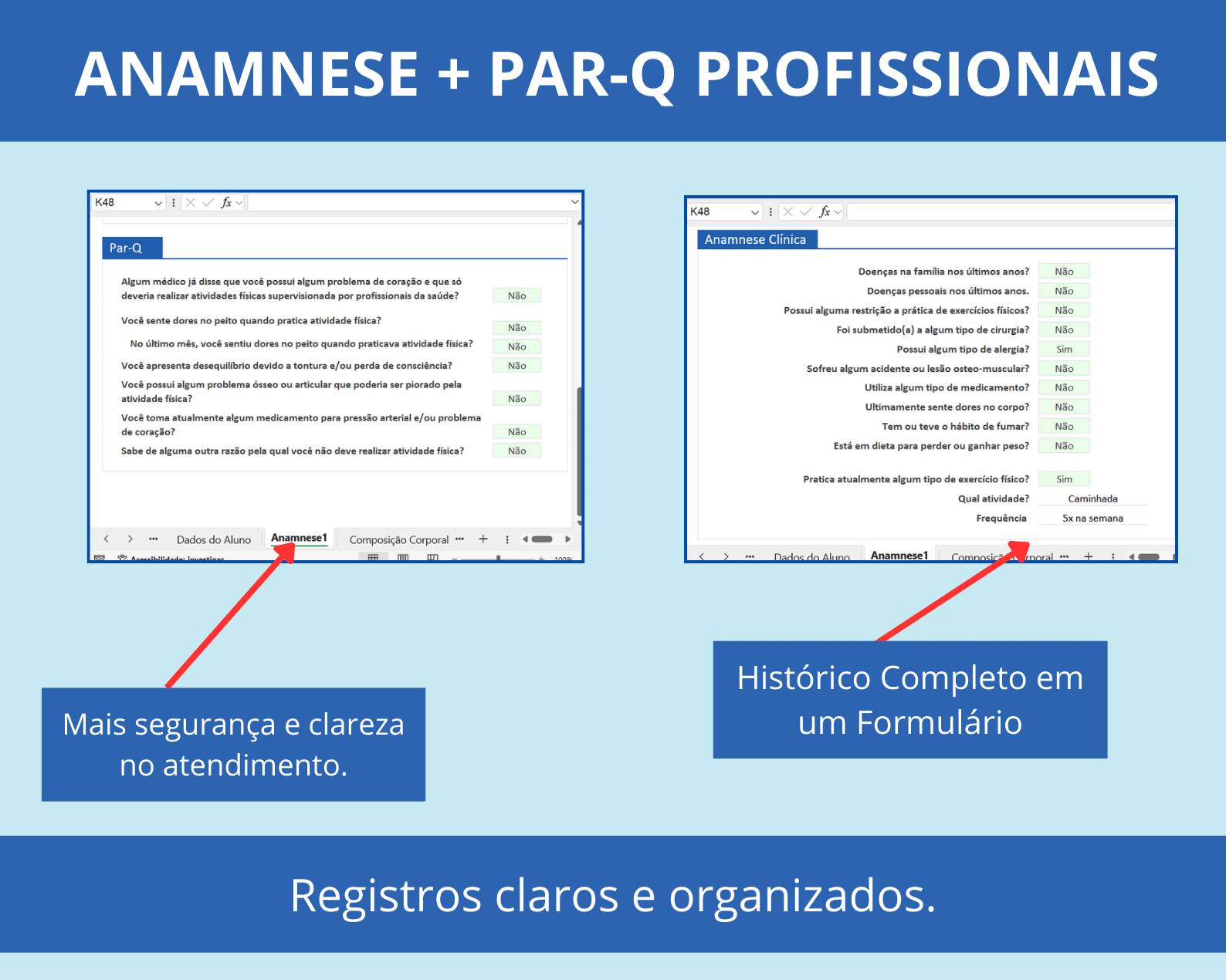 Modelo de ficha de avaliação física com formulário integrado de Anamnese Clínica e PAR-Q.