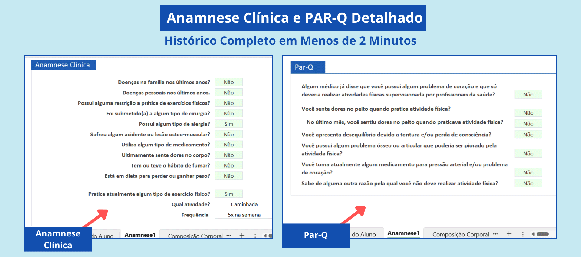 Anamnese Clínica e Par-Q para sua ficha de avaliação física. Modelo de ficha de avaliação física com formulário de Anamnese Clínica e Par-Q