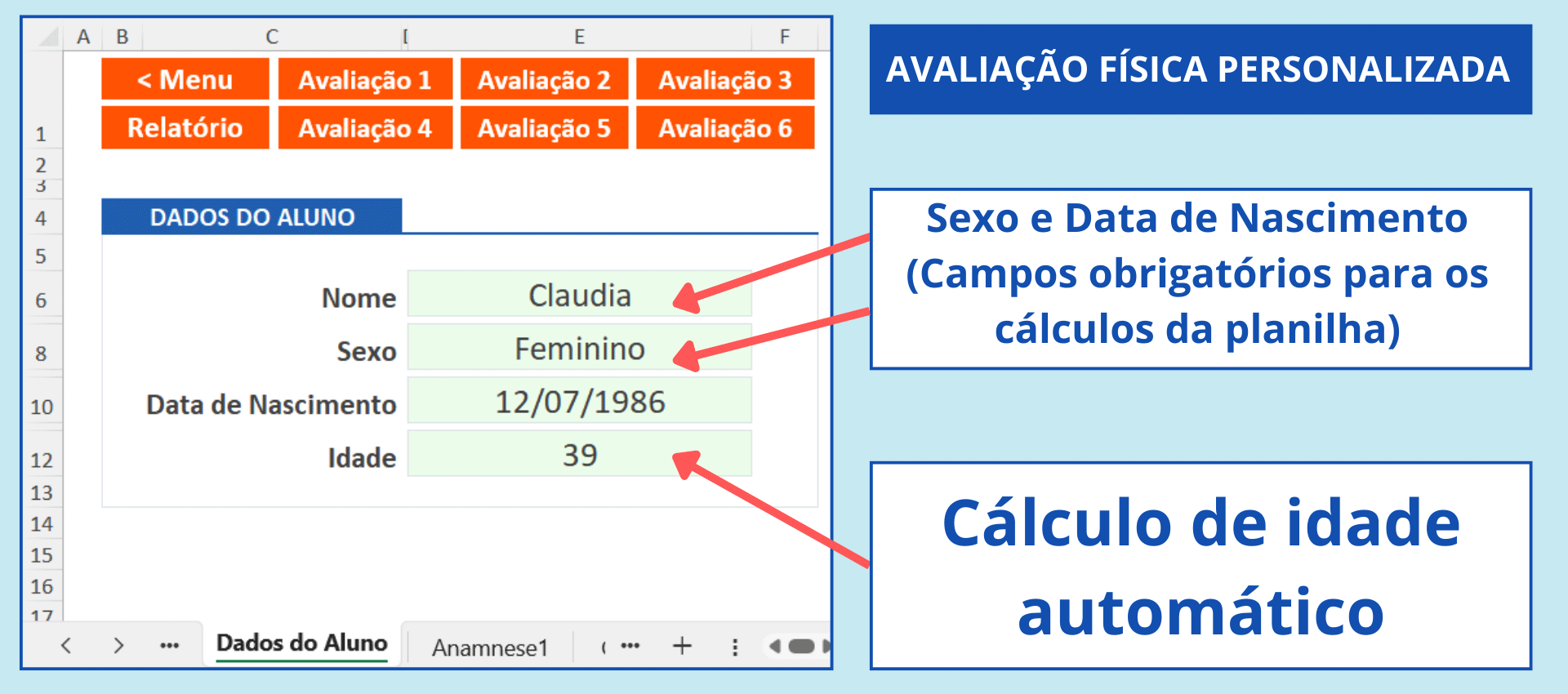 Acesse e preencha os dados do aluno facilmente. Cadastro e organização dos dados do aluno na planilha de avaliação física.