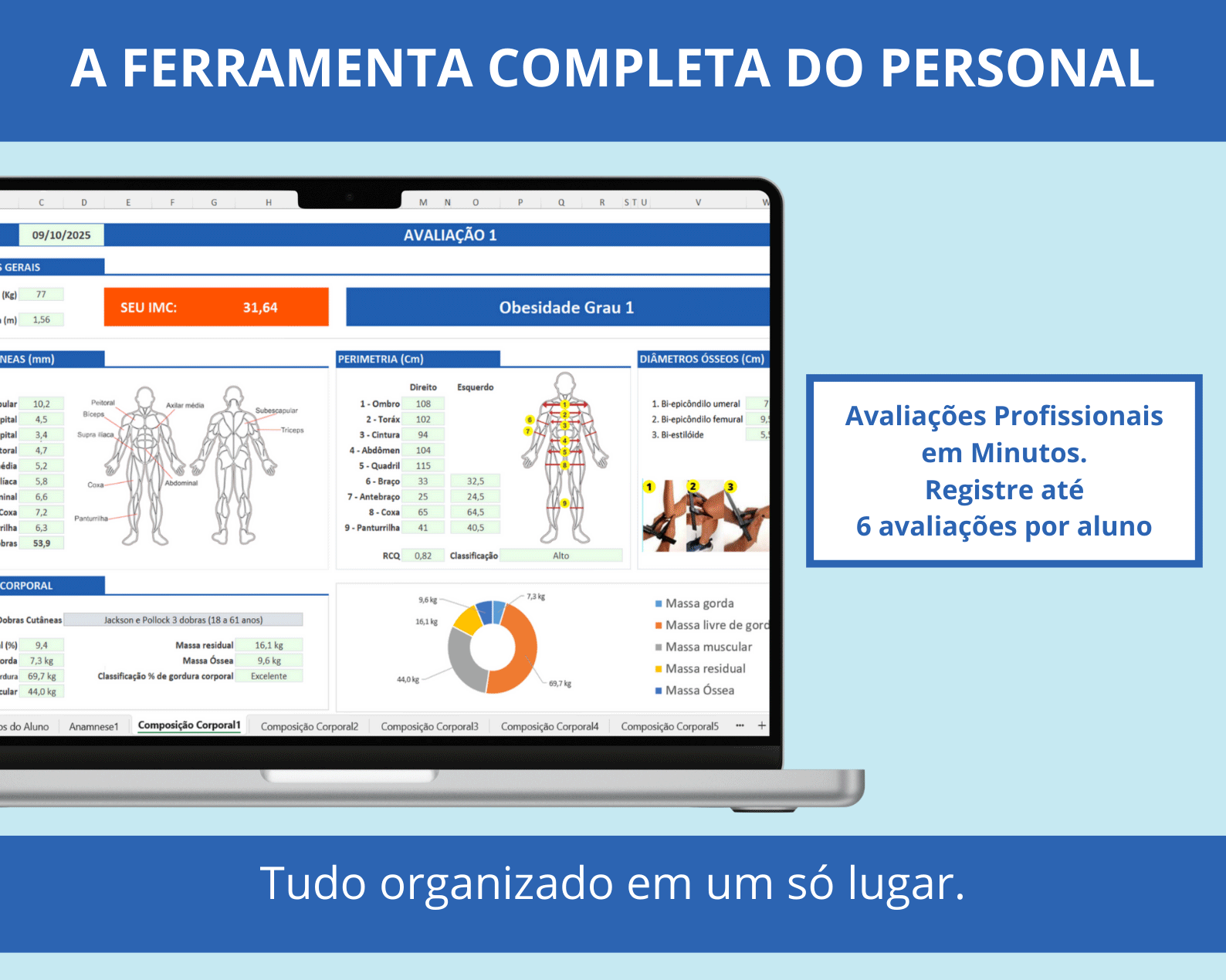 Planilha de avaliação física completa para personal trainer com IMC e registro de 6 avaliações.