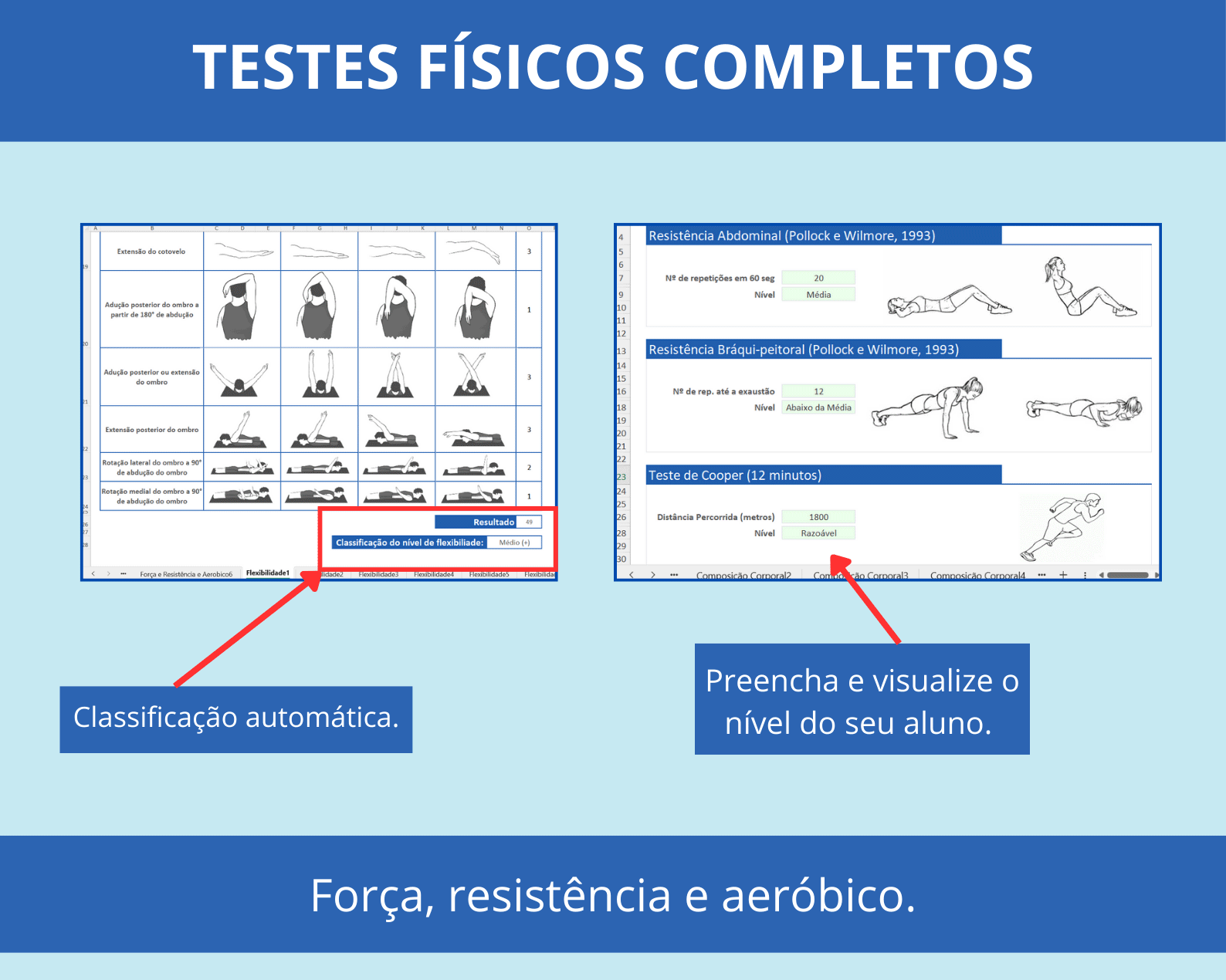 Ficha de avaliação física com testes de força, resistência (Cooper) e classificação de flexibilidade.