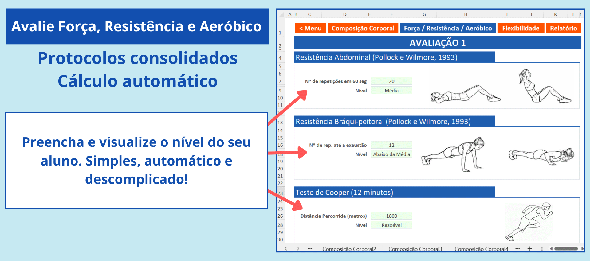 Testes funcionais completos para seu modelo de avaliação física. Avaliação de força, resistência e aeróbico, ideal para personal trainer em formato de ficha