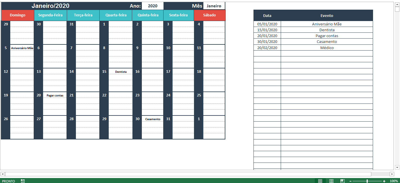 Planilha de calendário no Excel
