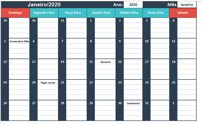 Planilha de Agenda no Excel