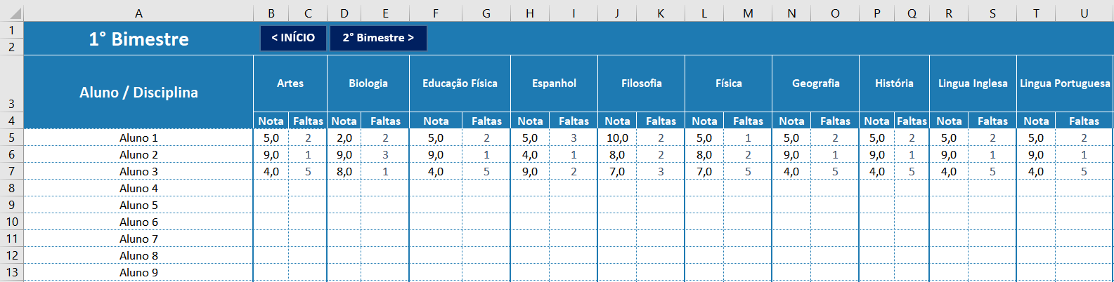 boletim escolar no Excel