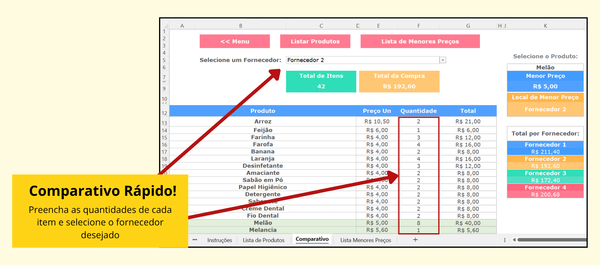 Comparação de preços entre fornecedores na planilha Comparativo de preços entre fornecedores com destaque para os menores valores