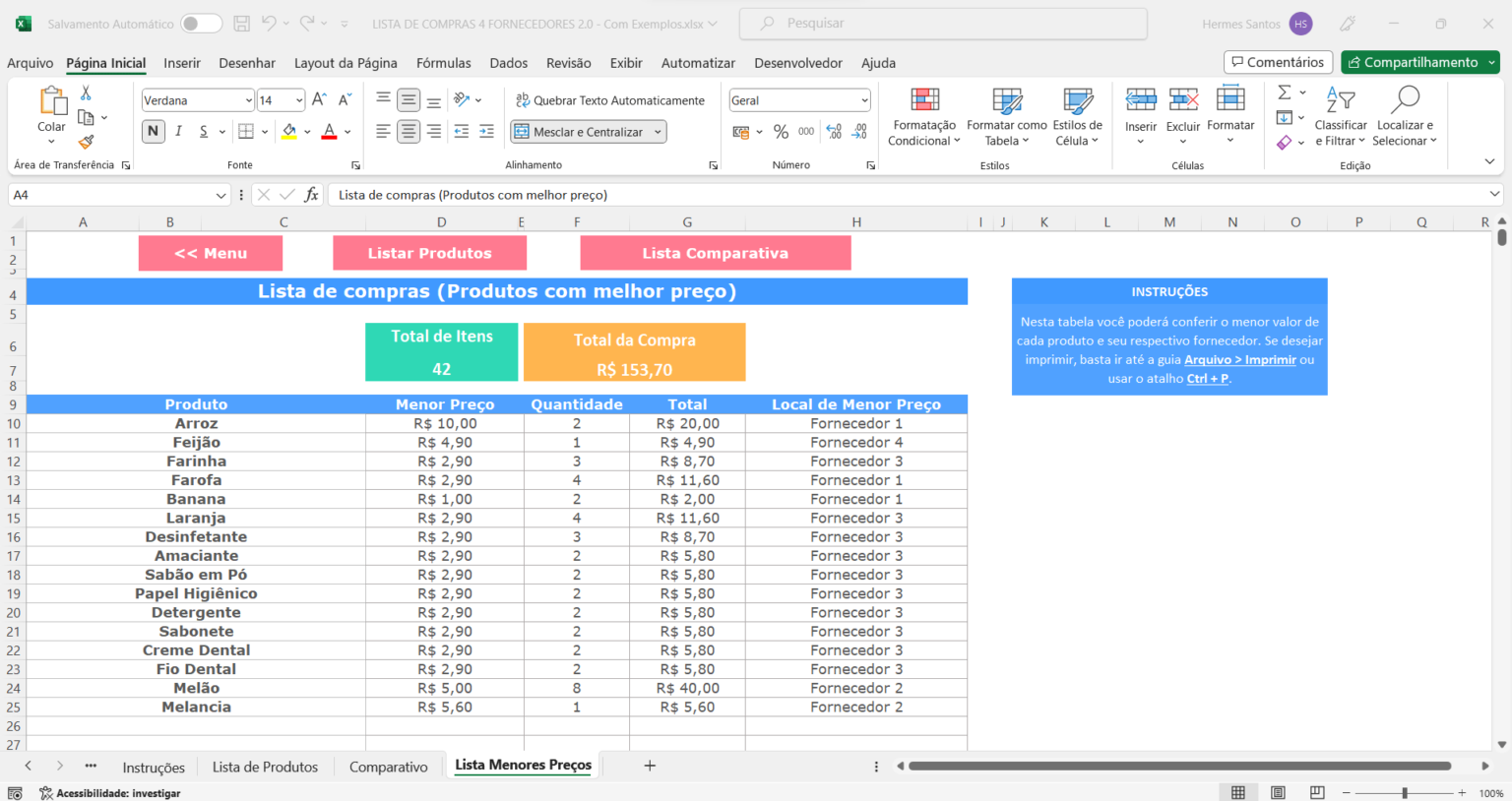 Planilha De Lista De Compras Comparativo De Pre Os Loja Excel Easy