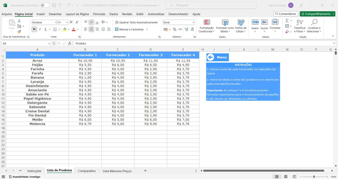 Planilha De Lista De Compras Comparativo De Preços Loja Excel Easy