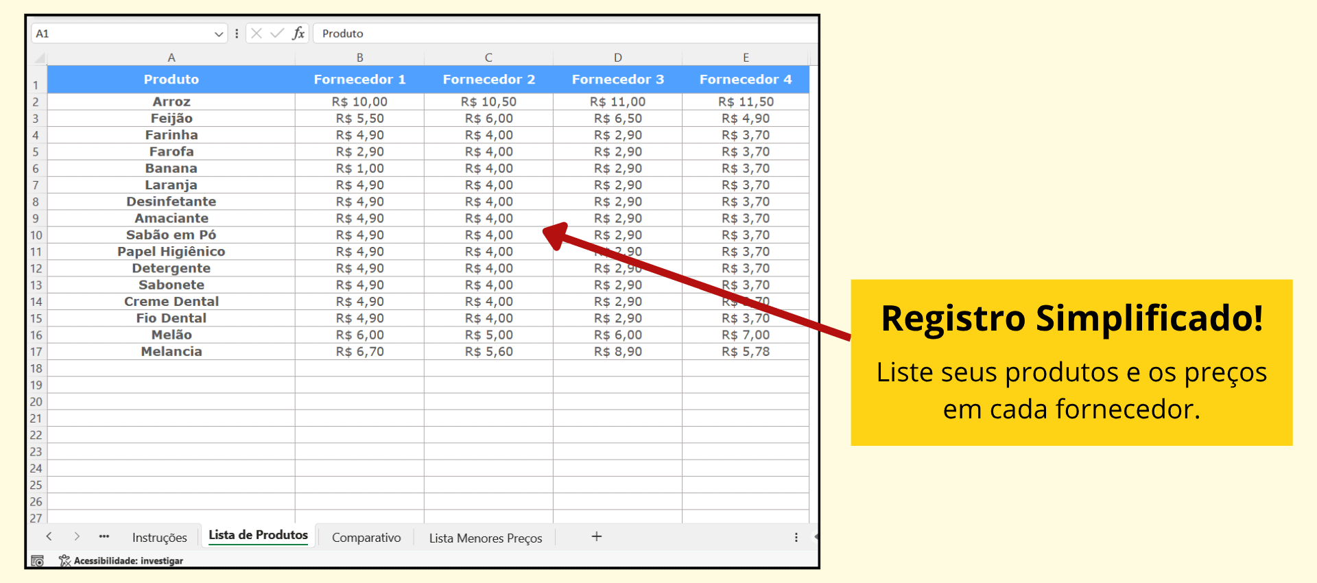 Cadastro de itens e preços na Planilha de Lista de Compras Planilha de lista de compras com cadastro de itens e preços por fornecedor