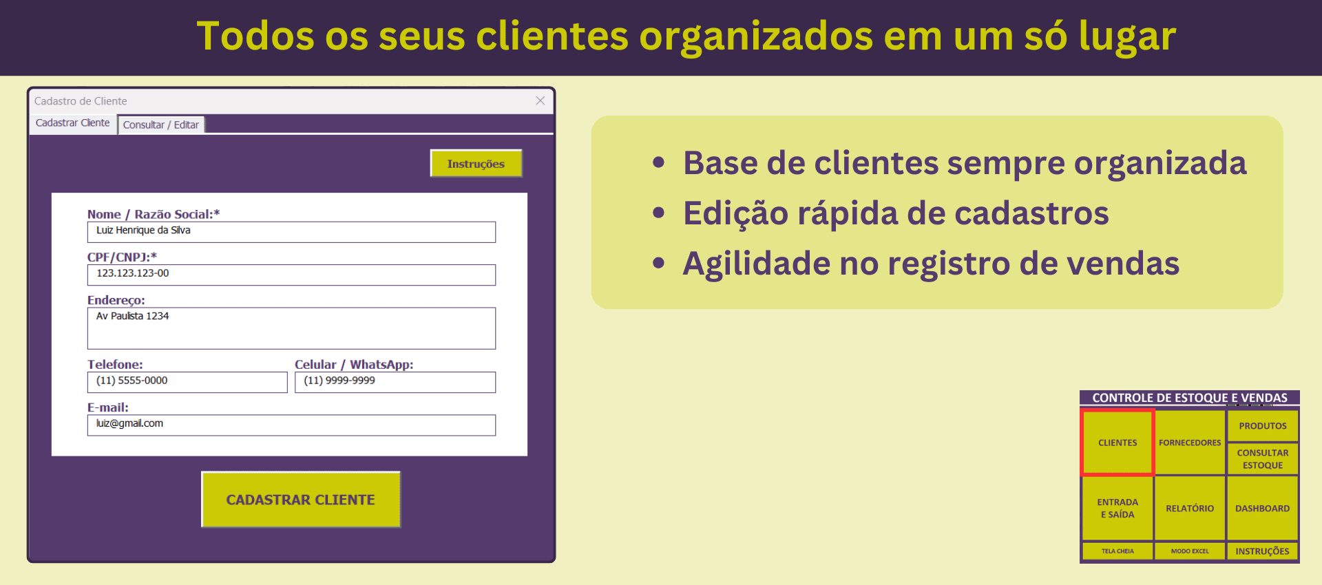 Tela de cadastro de clientes com formulário para inserir dados e organizar vendas