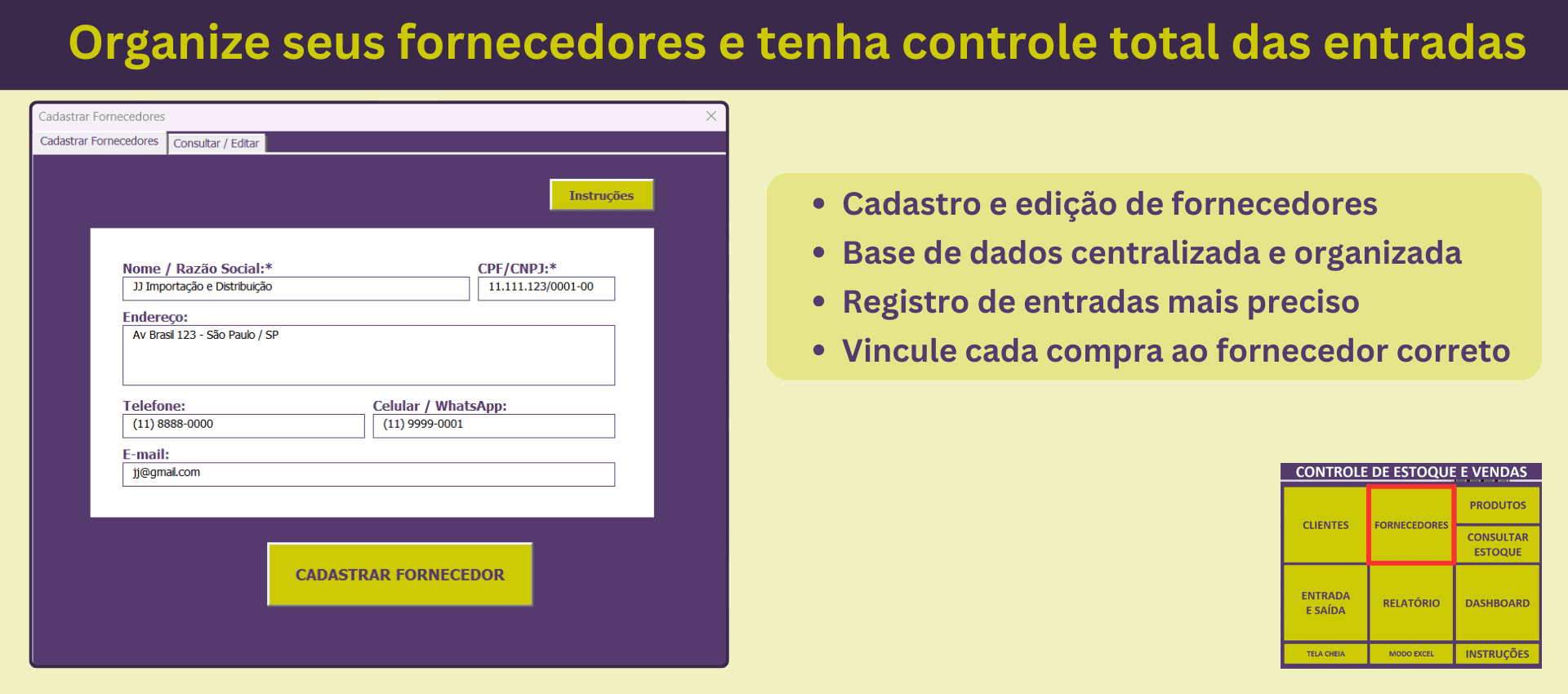 Formulário para cadastrar fornecedores e organizar entradas de estoque