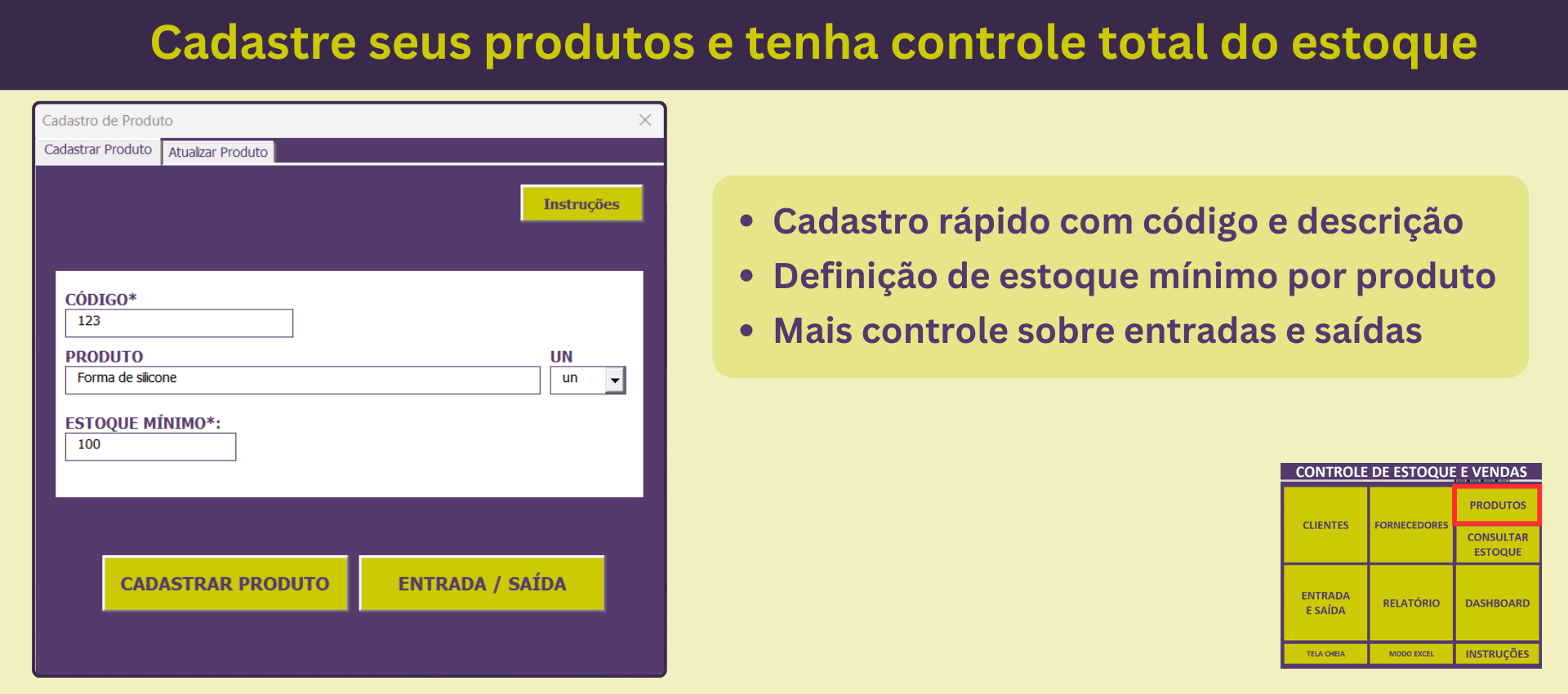 Tela para cadastrar produtos com código, descrição e estoque mínimo