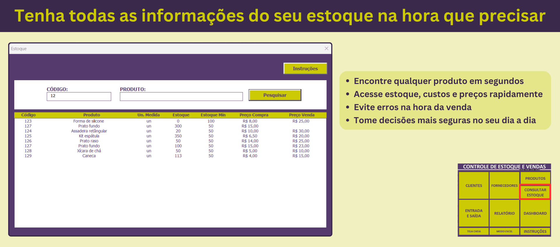 Tela de consulta de estoque com pesquisa por código ou nome do produto