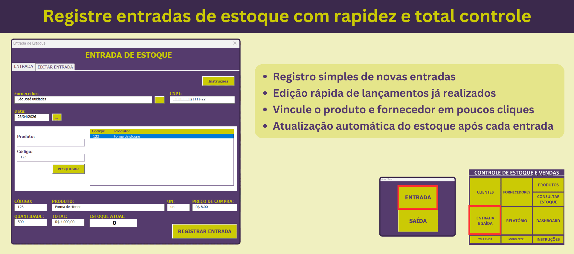 Tela para registrar entrada de produtos com fornecedor e quantidade